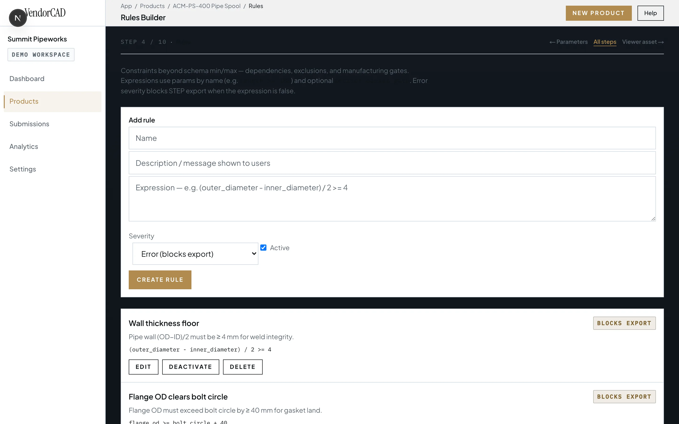 VendorCAD App Rules Builder for ACM-PS-400 with active export-blocking rules