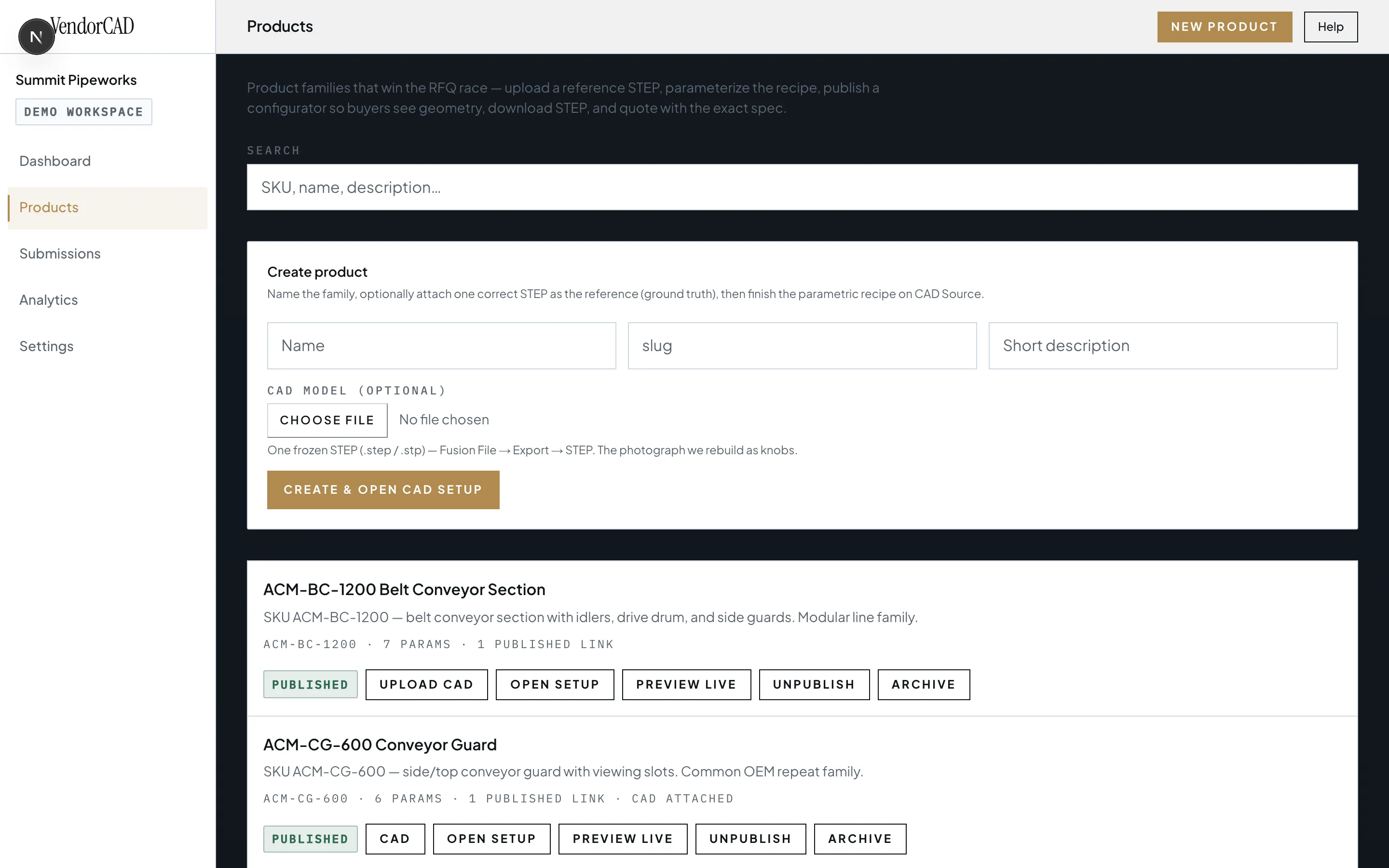VendorCAD App Products list — publish, preview, and archive configurators