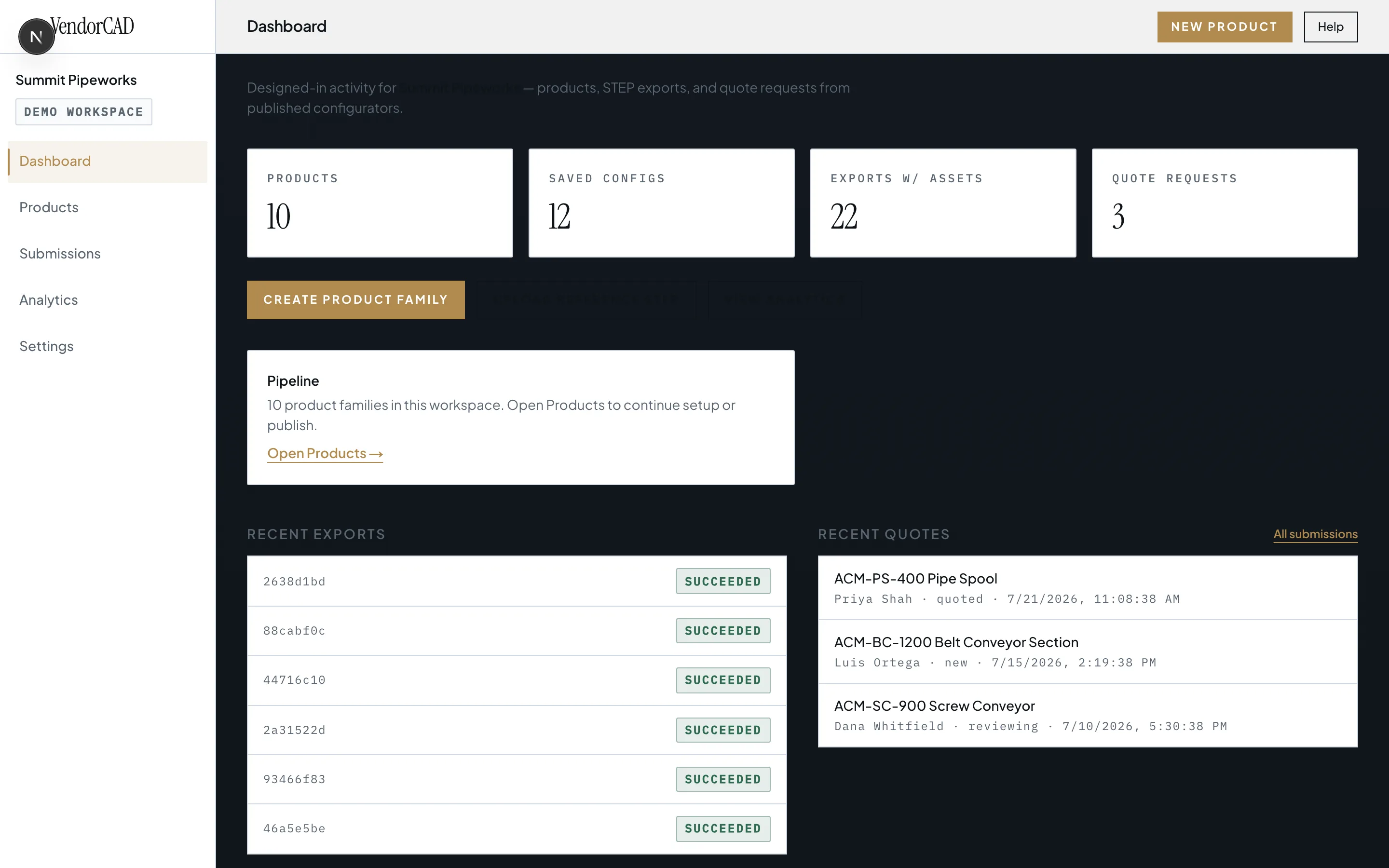 VendorCAD App — product catalog, publish controls, and configurator management